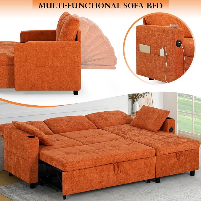 84 Inch Sleeper Sofa Bed w/7 Angles Adjustable Backrests, Chenille sectional Sofa Bed w/USB Port, Convertible L-Shaped Couch Bed w/Storage Chaise & Thicker Cushions for Living Room, Orange