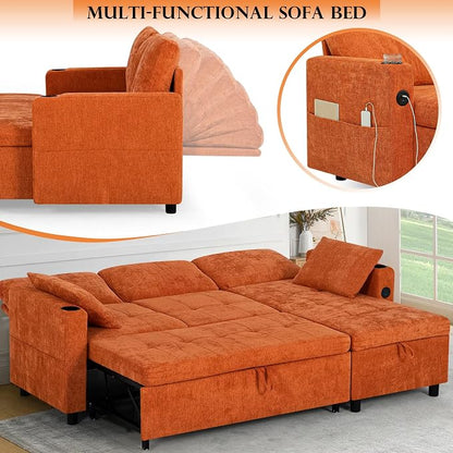 84 Inch Sleeper Sofa Bed w/7 Angles Adjustable Backrests, Chenille sectional Sofa Bed w/USB Port, Convertible L-Shaped Couch Bed w/Storage Chaise & Thicker Cushions for Living Room, Orange
