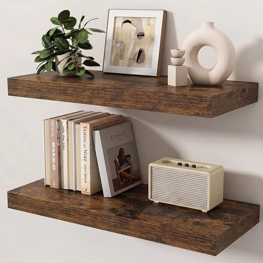 Floating Shelves for Wall, 24 Inch x 8 Inch Deep Wall Mounted Wood Shelf with Invisible Brackets for Storage & Display, Living Room Bedroom Kitchen, Rustic Brown, Set of 2