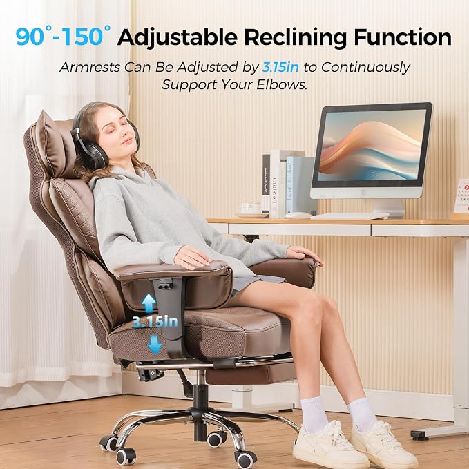 GTPLAYER Big and Tall Gaming Chair 400lbs Heavy Duty Office Chair with Foot Rest & Ergonomic Pocket Spring Lumbar Support, High Back 3D Saddle Shaped Cushion for Back Pain Relief, Brown