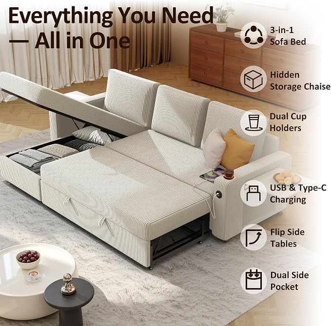 Ball & Cast 80" Sectional Sleeper Sofa Bed Pull Out Couches for Living Room | L Shaped Convertible Pull Out Sofa Bed with Storage Chaise, Foldable Table, USB Port, Cup Holder, Side Pocket for Small Space