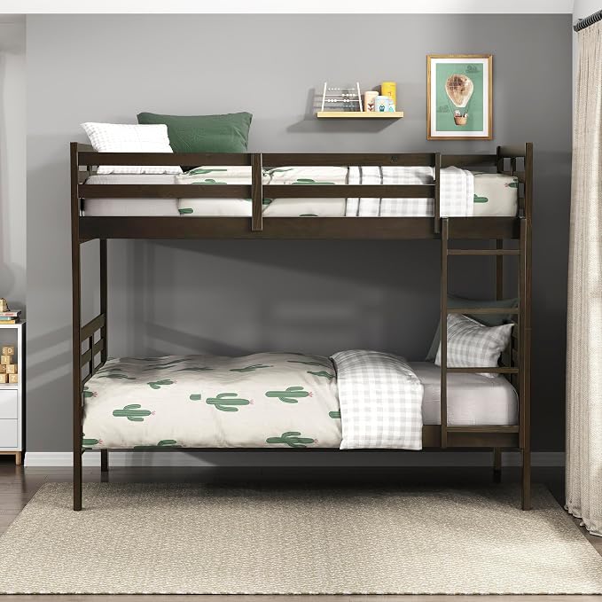 Lexicon Bunk Bed Twin Over Twin, Wooden Bed Frame with Sturdy Ladder and Safety Guard Rails, Modern Space-Saving Design, for Bedroom/Guest Room, No Box Spring Needed, Dark Brown
