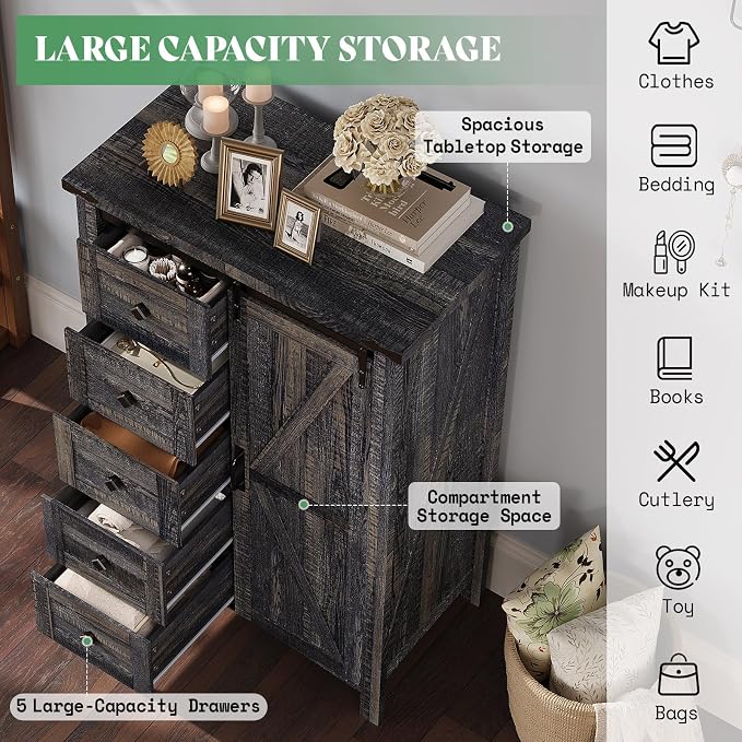 AMERLIFE 3-Piece Farmhouse Bedroom Set, Full Size Bed with Sliding Barn Doors & Bookcase Headboard, 5-Drawer Tall Dresser, 4-Drawer Wide Dresser, Black Oak