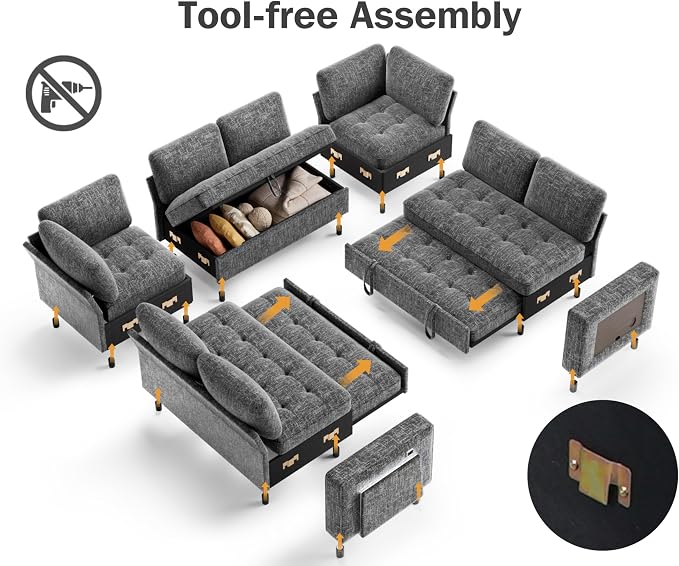 Vipbear 8 Seat U Shaped Modular Sectional Sleeper Sofa with Pull Out Bed/Reclining Backrest/USB Ports/Table/LED Light/Storage Seat, Sectional Sleeper Couch, Tool-Free Assembly, Chenille Dark Grey
