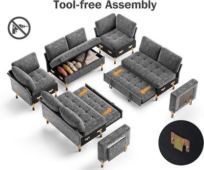 Vipbear 8 Seat U Shaped Modular Sectional Sleeper Sofa with Pull Out Bed/Reclining Backrest/USB Ports/Table/LED Light/Storage Seat, Sectional Sleeper Couch, Tool-Free Assembly, Chenille Dark Grey