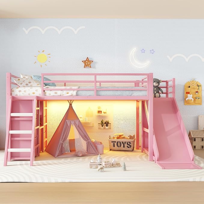 Bellemave Twin Size Loft Bed with 7 Non-Woven Fabric Drawers, Shelves and Wardrobe, Twin Loft Bed with Detachable Slide and Ladders, Low Profile Loft Beds with Lights, Noise Reduced Design Pink