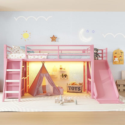 Bellemave Twin Size Loft Bed with 7 Non-Woven Fabric Drawers, Shelves and Wardrobe, Twin Loft Bed with Detachable Slide and Ladders, Low Profile Loft Beds with Lights, Noise Reduced Design Pink
