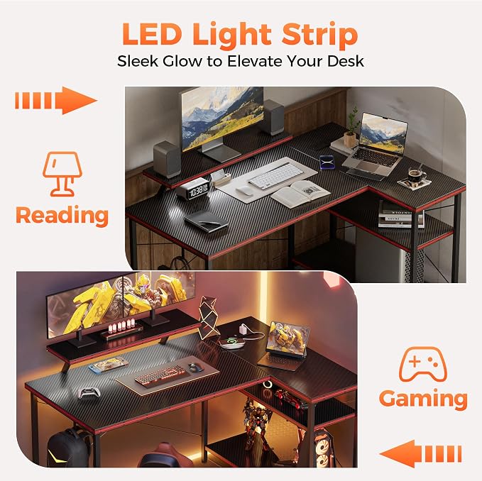 Mericonia Small L Shaped Computer Desk with Power Outlets, Reversible Gaming Desk with Storage Shelves & Monitor Stand, Corner Gamer Desk Table, Study Writing Table