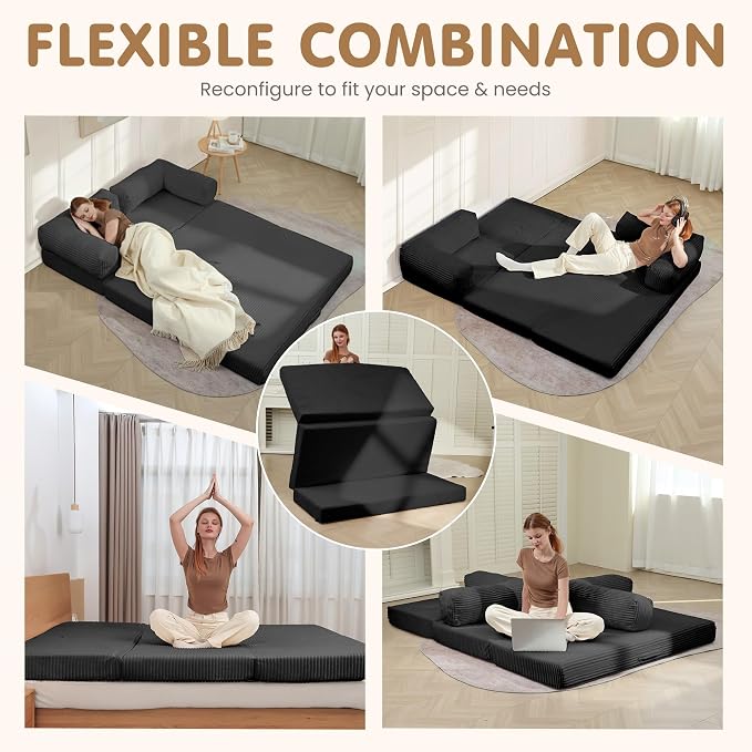 Convertible Sofa Bed King,5-in-1 Folding Boneless Couch Corduroy Futon Sofa Bed,Tri-Fold Mattress with Removable Armrests & Handle,Sleeper with Pull Out Bed for Small Space Living Room Bedroom