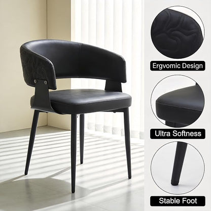 Atoll Modern Accent Dining Chairs Set of 2 with Upholstered PU Leather Seat & Curved Back, Metal Legs, Mid-Century Kitchen Chair for Dining Room, Living Room or Office (2, Black)