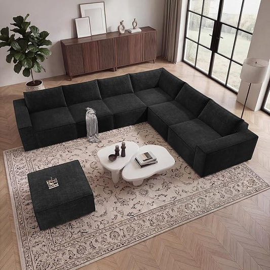 Vesgantti 143.7" Boneless Couch for Living Room, 6 Seater Modular Sectional Sofa with Ottoman & Deep Seat, Convertible Chenille Oversized Cloud Couches, No Assembly Required, Black