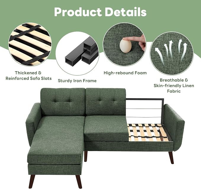Tbfit L Shaped Couch Sofa, 80" W Mid-Century Modern Sectional Couches, 3 Seater Sofas with Wide Chaise Lounge, Button Tufted Upholstered Sectional Sofa for Living Room, Bedroom, Green | linen fabric