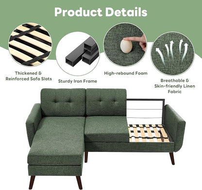 Tbfit L Shaped Couch Sofa, 80" W Mid-Century Modern Sectional Couches, 3 Seater Sofas with Wide Chaise Lounge, Button Tufted Upholstered Sectional Sofa for Living Room, Bedroom, Green | linen fabric