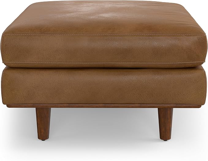 SIMPLIHOME Morrison 33 inch Wide Ottoman in Caramel Brown Genuine Leather, Multifunctional Footrest, Coffee Table, and Extra Seating for Living Room, Mid-Century Modern Style