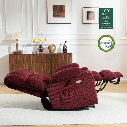 MCombo Large Dual Motor Power Lift Recliner Chair for Elderly, Zero Gravity Lift Chair with Heat and Massage, Infinite Position Lay Flat Recliner, USB Ports, Cup Holders, Fabric 7896 (Large, Burgundy)