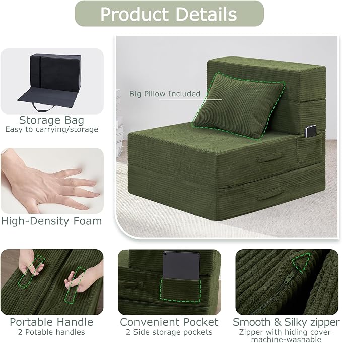 Folding Sofa Bed, 4 in 1 Convertible Sleeper Chair with Pillow, Single Memory Foam Fold Out Chair Bed, Modern Floor Futon Sofa Couch Mattress for Living Room/Guest/Apartment, Green | Convertible