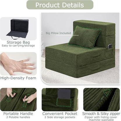 Folding Sofa Bed, 4 in 1 Convertible Sleeper Chair with Pillow, Single Memory Foam Fold Out Chair Bed, Modern Floor Futon Sofa Couch Mattress for Living Room/Guest/Apartment, Green | Convertible
