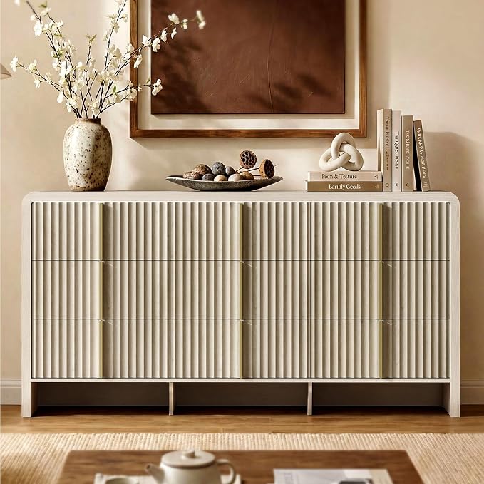 ModernMate Fluted 9 Drawer Dresser for Bedroom, 64.2" Wide White Chest of Drawers, Modern Wood Storage Cabinet with Metal Handles, Anti-Tip Clothes Organizer, White Alder