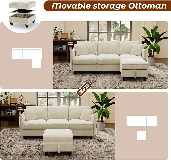 WorthFurni Modular Sectional Sofa L Shape Couches with Storage Ottoman and Washable Cushion Cover for Living Room, Apartment, Bedroom(Beige)