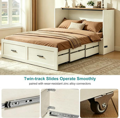 Queen Murphy Bed with Charging Station Large Storage Drawer Farmhouse Wood Space Saving Hidden Foldable Cabinet Bed for Bedroom Office School, Rustic White