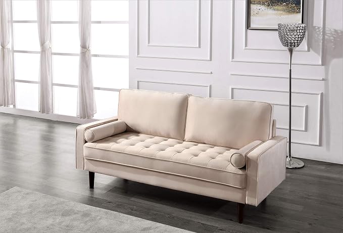 Container Furniture Direct Womble Mid Century Modern Velvet Upholstered Tufted Seat with Bolster Pillows, Loveseat, Sofa, Beige