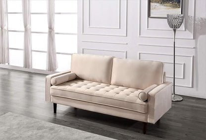 Container Furniture Direct Womble Mid Century Modern Soft Velvet Upholstered Tufted Seat with Bolster Pillows, Sofa, Biscuit