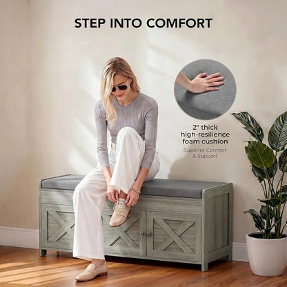 Marsail Shoe Storage Bench with Seating, Farmhouse Entryway Bench with Shoe Storage and Cushion, Under Window Benches Wooden Ottoman for Bedroom, Entry Way, Living Room, Grey