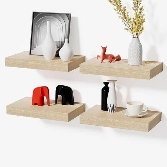 Floating Shelves for Wall, Wall Mounted Shelves Set of 4, 11.8 Inch Hanging Shelf with Invisible Brackets,Oak