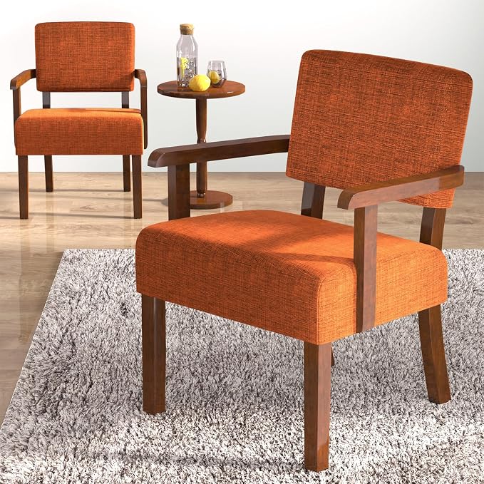FAGAGA Accent Chair Set of 2 with Table, Upholstered Living Room Chairs with Wood Frame, Modern Oversized Reading Armchair for Bedroom Waiting Room (Orange)