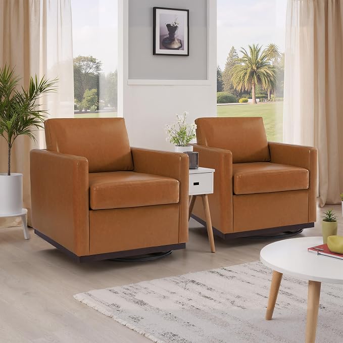 360° Swivel Accent Chairs Set of 2, 31" Wide Faux Leather Upholstered Club Armchairs for Living Room, Comfy Square Swivel Barrel Chair with Metal Base, Light Brown