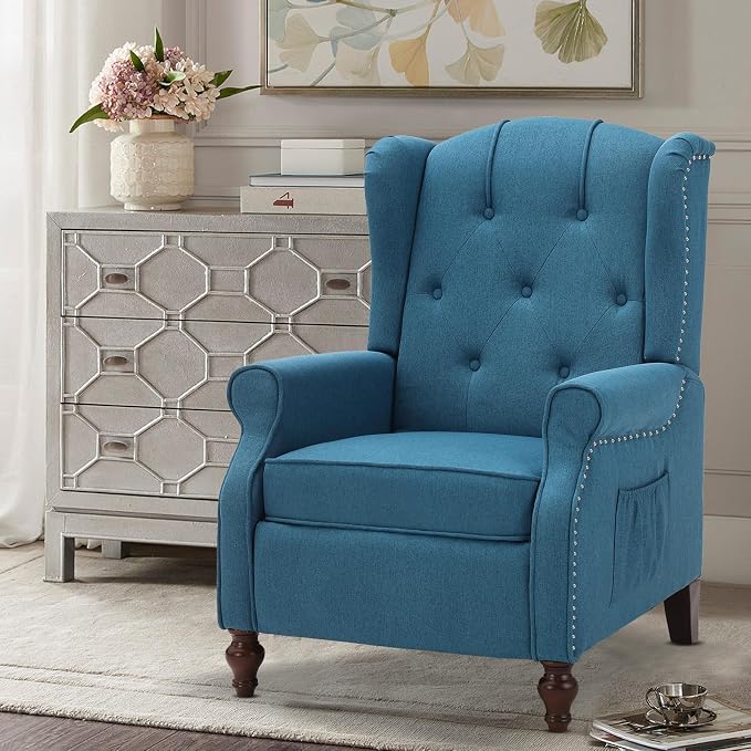Wingback Recliner Chair with Massage and Heat Tufted Fabric Push Back Arm Chair, Recliner Chair for Living Room Bedroom Home Theater (1,Peacock Blue)