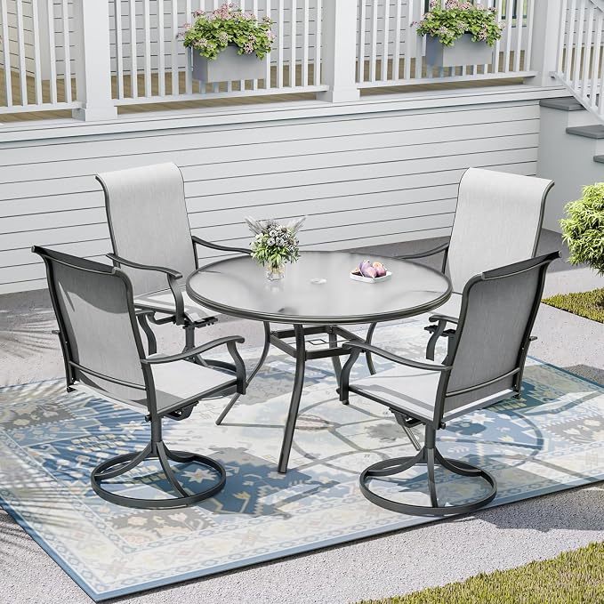 Outdoor Patio Set, 40"x 40"x 28" Round Glass Dining Table and 4pcs Swivel Chairs, All-Weather Patio Furniture Set with 1.7" Umbrella Hole for Garden Backyard Lawn Poolside
