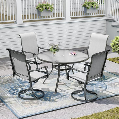 Outdoor Patio Set, 40"x 40"x 28" Round Glass Dining Table and 4pcs Swivel Chairs, All-Weather Patio Furniture Set with 1.7" Umbrella Hole for Garden Backyard Lawn Poolside