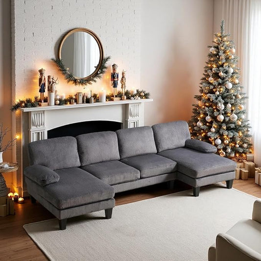 VINGLI 110" Sectional Couches for Living Room,U Shaped Couch with Double Chaise, 4-Seat Sofa Set with Corduroy Fabric for Home Furniture,Grey