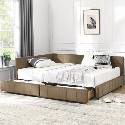 Bellemave Full Size Corner Bed Frame with Storage Drawers, Comfortable Backrest and Armrests, Velvet Tufted Corner Bed Frame Full Size, Upholstered Daybed for Bedroom, Living Room, Guest Room, Brown