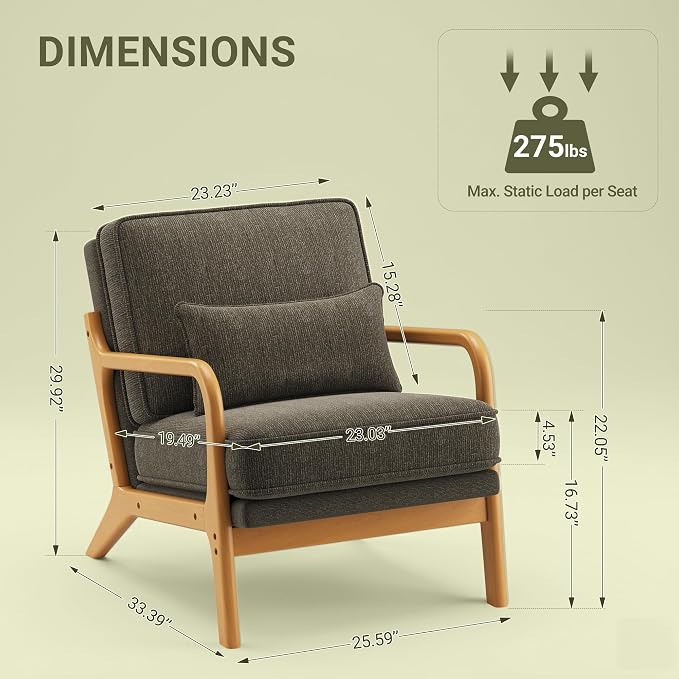 MALOL Accent Chair with Solid Wood Frame, Mid-Century Relaxing Armchair Lumbar Pillow& Soft Cushion, Reading Leisure Chair for Living Room, Bedroom, Waiting Room-Green