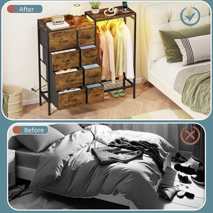 HIGDBFE Dresser with Hanging Rack, 8-Drawer Dresser for Bedroom with Charging Station & LED Lights, Fabric Dressers with Shoe Rack, Rustic Brown, 11.8" D x 42" W x 42.7" H (8 Drawers)