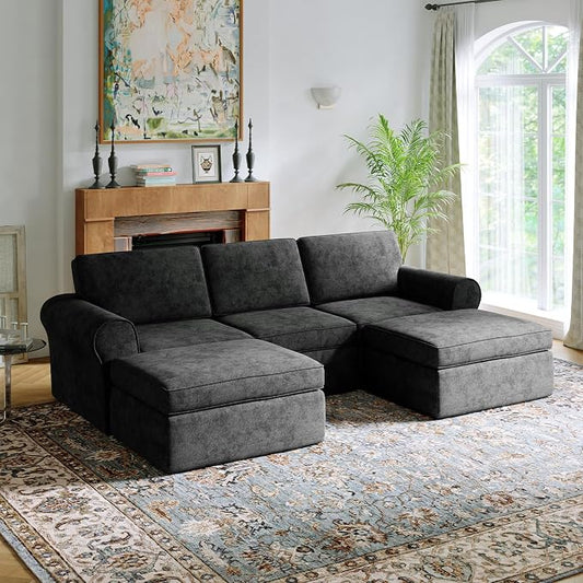 Novilla 108" Modular Sectional Sofa, Modular Sectional Couches for Living Room, Chenille Removable Cover Boneless Couch with Smarts Coil® Support U-Shaped Couch(Dark Grey, 3 Seater + 2 Ottoman)