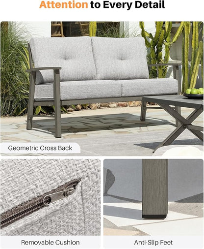 Patio Furniture Loveseat Sofa, Outdoor Aluminum Couch with 5.9'' Soft Cushion, All-Weather Outdoor 2 Seats Patio Furniture Sofa Couch for Garden, Poolside, Lawn, Limed Oak