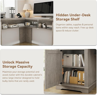 Farmhouse L Shaped Executive Desk with 4 Drawers, Home Office Desk with Hidden Under-Desk Storage Shelf and Charging Station, File Cabinet Storage, Wood Corner Computer Desk for Work and Study(Grey)