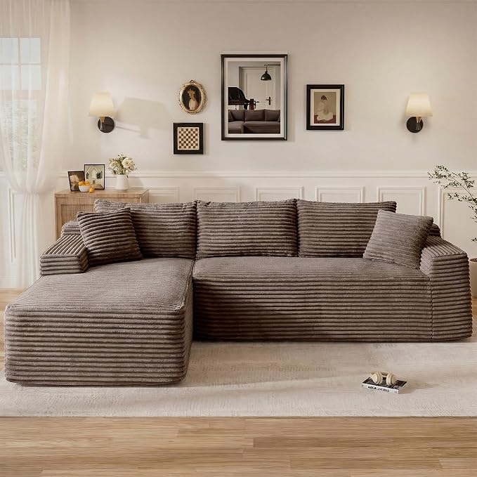 95" L Shaped Cloud Boneless Sectional Couches for Living Room, Modern Comfy Modular Deep Seat Memory Foam Compressed Corduroy Sofa Oversized Left Facing Chaise, No Assembly Required, Brown
