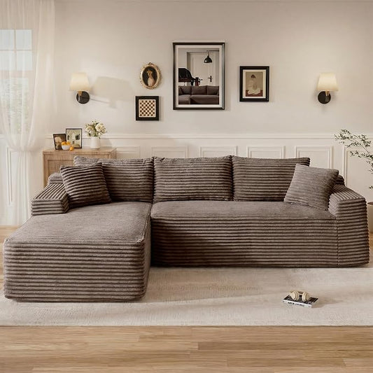 95" L Shaped Cloud Boneless Sectional Couches for Living Room, Modern Comfy Modular Deep Seat Memory Foam Compressed Corduroy Sofa Oversized Left Facing Chaise, No Assembly Required, Brown