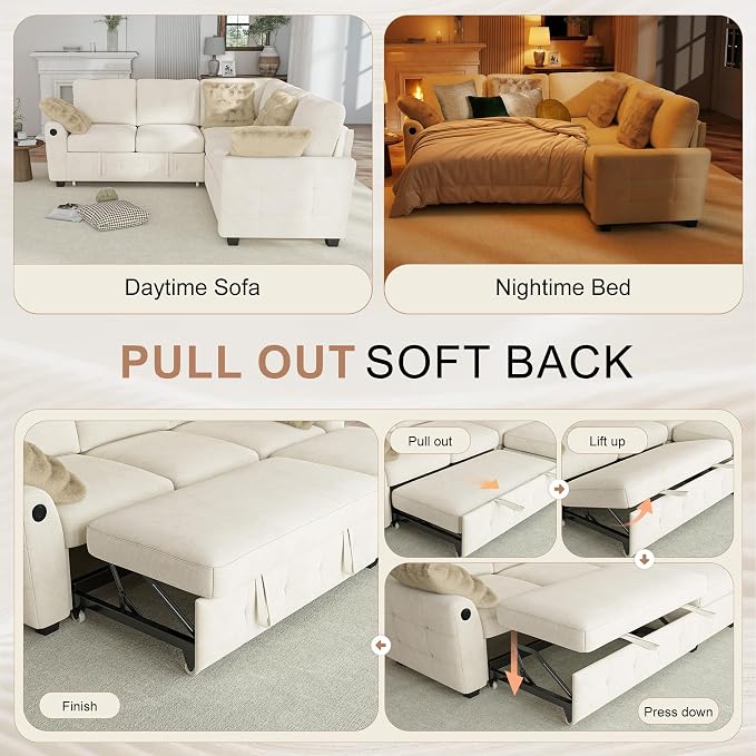 Hanherry Sectional Couch with Pull Out Sofa Bed,Chenille Sleeper Sofa with 2 Seat Storage & USB Charging,Comfy L Shaped Modular Couches for Living Room,Apartment
