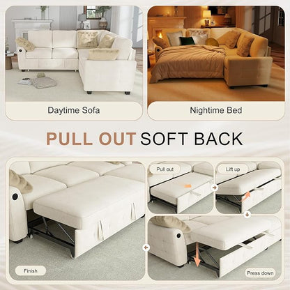 Hanherry Sectional Couch with Pull Out Sofa Bed,Chenille Sleeper Sofa with 2 Seat Storage & USB Charging,Comfy L Shaped Modular Couches for Living Room,Apartment