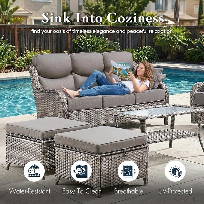 Belord Luxury 6" Thick Cushioned PE Wicker 3-Seater Outdoor Couch, All-Weather Comfortable Modern Patio Sofa, High Back Deep Seat Woven Outdoor Furniture for Porch Balcony, Lawn, Deck - GreyGrey