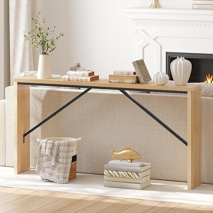 MAHANCRIS Console Table, 62.2" Long Sofa Table Behind Couch, Narrow Entryway Table, Farmhouse Dining Table with Angled Metal Frame, Industrial Console Table for Entryway, Natural CTNB15801
