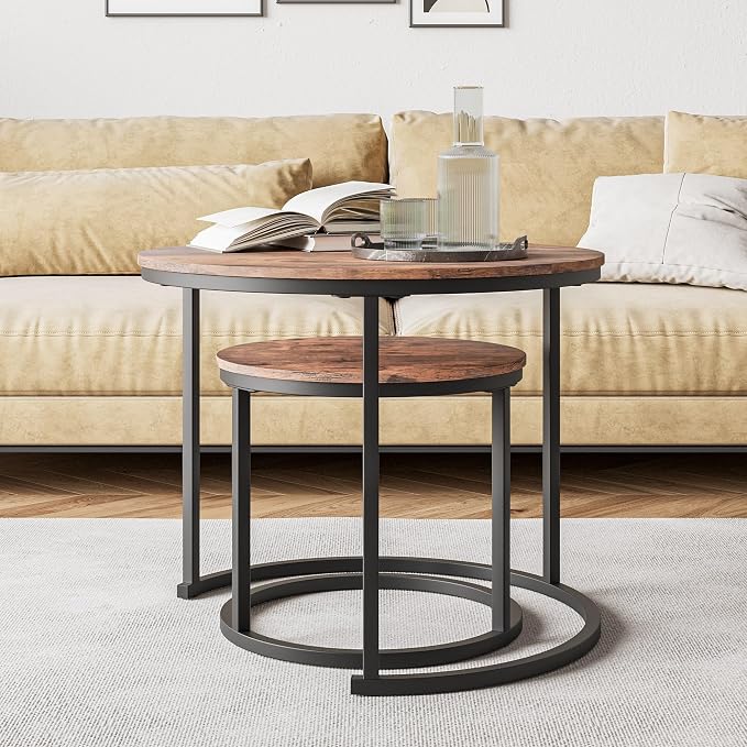 HOJINLINERO Small Round Nesting Coffee Table Set of 2 with Metal Frame and Wood Top, Modern Stacking Side Table for Living Room, Bedroom, Office, Brown