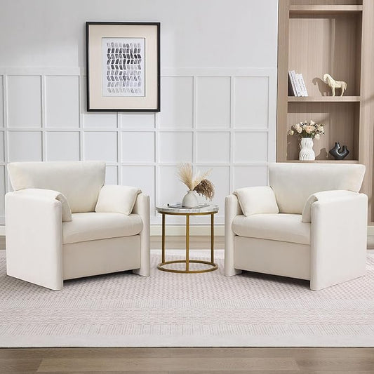 Oversized Accent Chair for Living Room, 32.68" Modern Armchair Set of 2 with Deep Seat, Mid-Century Comfy Reading Chair with Padded Arms, Large Chenille Single Sofa Chairs for Bedroom, Beige