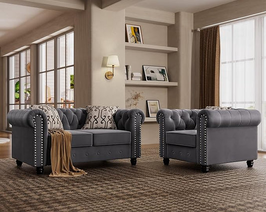 Morden Fort 2 Piece Classic Chesterfield Sofa Set, Tufted Chair & Loveseat Furniture Solid Wood Legs Thick Cushion, Pet-Friendly Couch Set for Living Room Bedroom Apartment, Velvet Grey