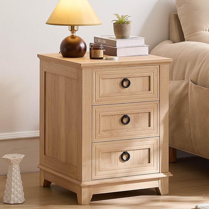 Joaxswe 18" Farmhouse Night Stand with 3 Drawers, Wood End Table for Bedroom, Natural Wood Nightstand, Bed Side Table with Metal Handle, Bedside Cabinet for Bedroom Living Room